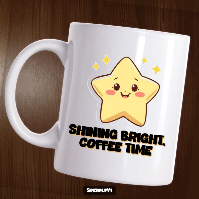 Funny mug featuring a tiny smiling star character twinkling enthusiastically, radiating happiness and humor.