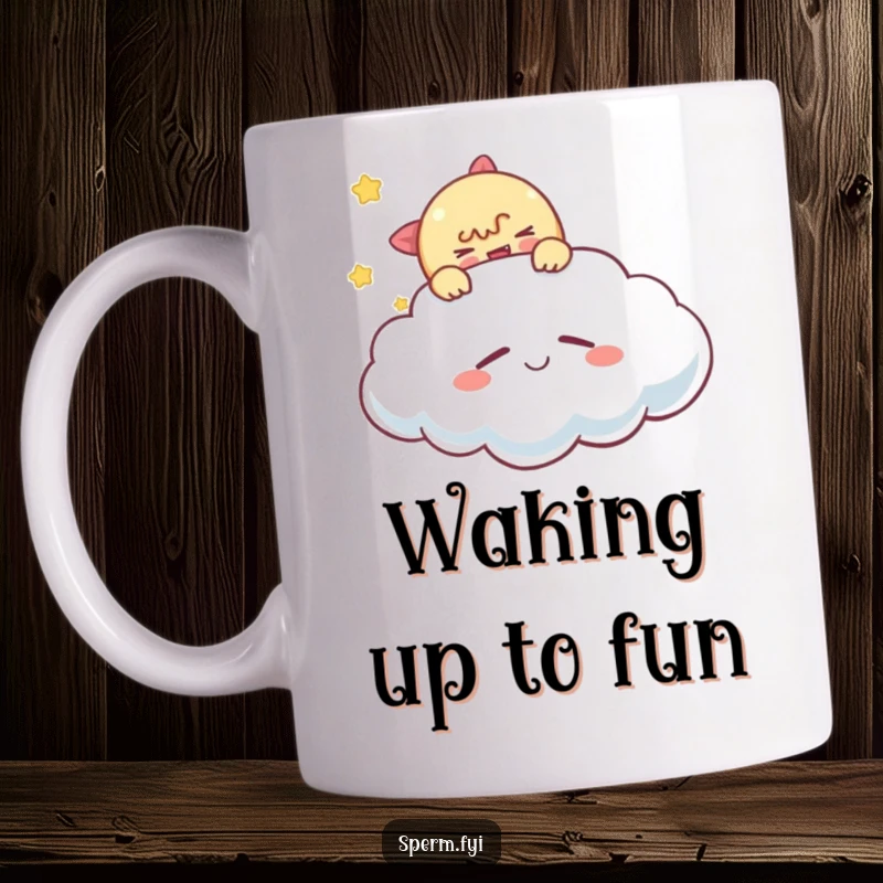 Funny tickling cloud mug, a mischievous character gently tickling a sleeping cloud, perfect for humorous morning coffee.
