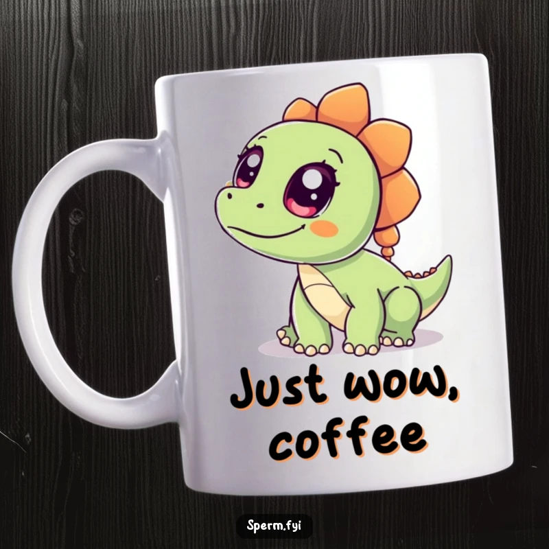 Funny Dinosaur Mug featuring a curious cartoon dinosaur with wide, innocent eyes looking up in wonder, perfect for gift giving.