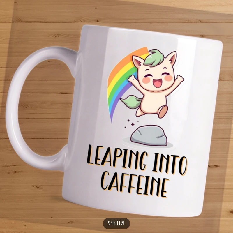 Funny rainbow leap mug, a character joyfully jumping over an obstacle leaving a colorful rainbow trail.