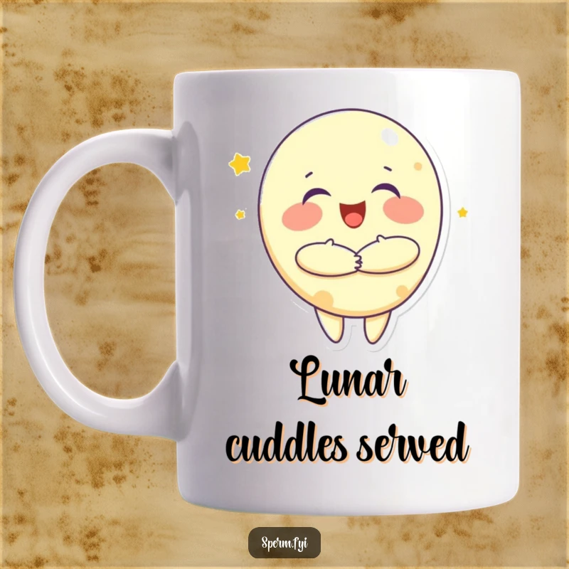 Funny mug with a joyful little moon character extending its arms for a big, happy, comforting hug, radiating warmth.
