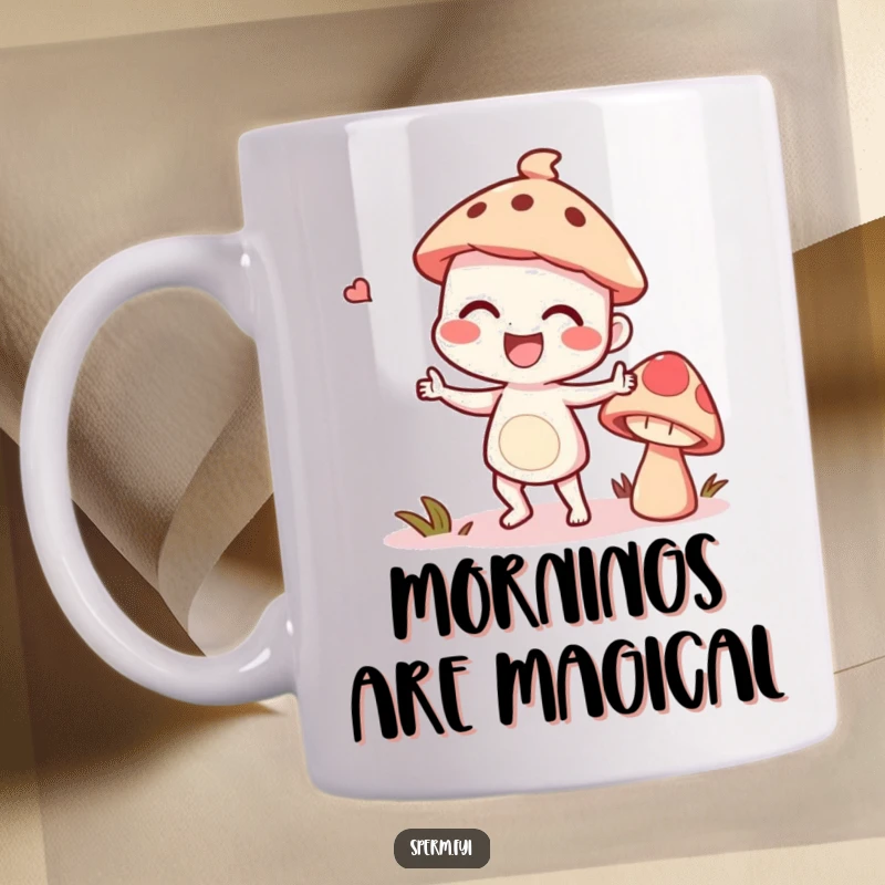 Funny giggling character doing a silly dance with a talking mushroom, full of whimsical energy.