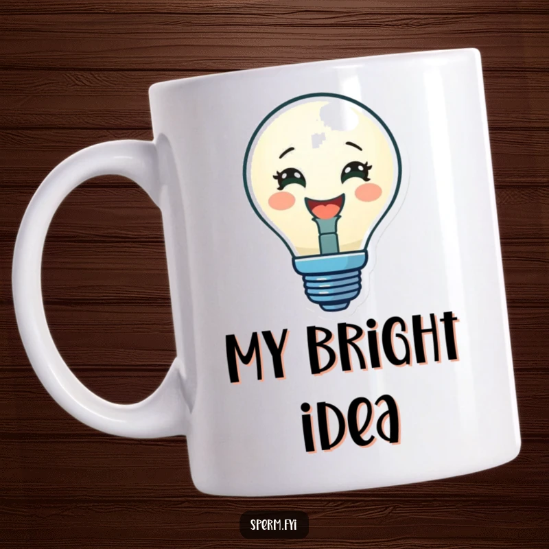 Funny mug featuring a delighted lightbulb character glowing brightly with a warm, inviting light, symbolizing new ideas.
