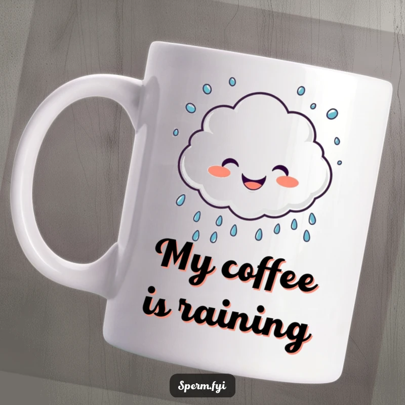 Funny mug featuring a giggling cloud character joyfully sprinkling happy raindrops, bringing cheer and humor.