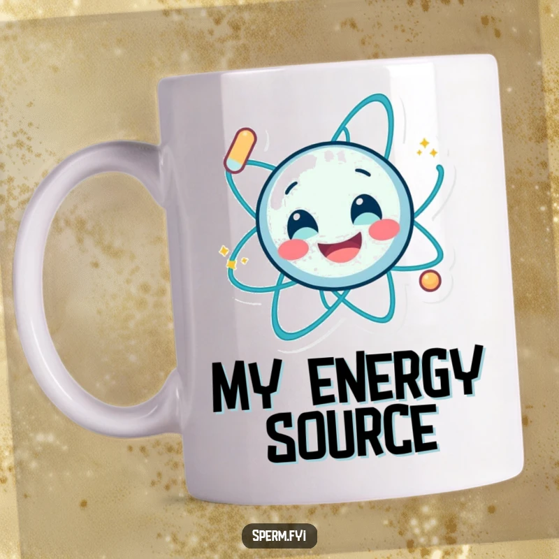 Funny mug with a smiling atom character vigorously spinning, radiating playful energy and scientific charm.