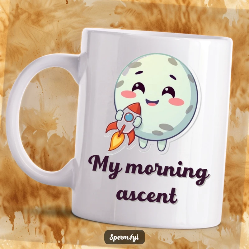 Funny mug showing a smiling planet character lovingly holding a tiny rocket, symbolizing exploration and ambition.