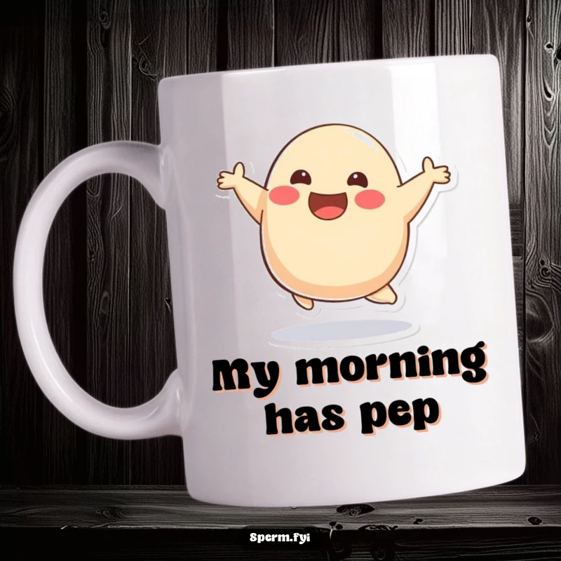 Funny smiling blob character in a joyful bounce on a mug, radiating happiness and energy.
