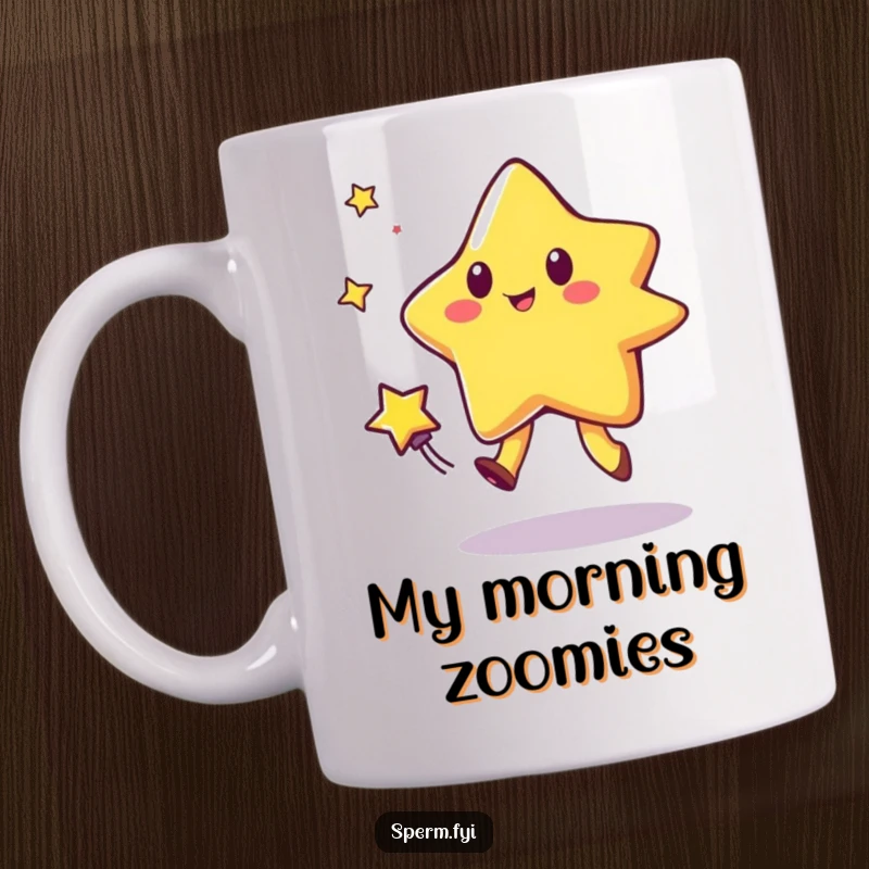 Funny mug with a bouncing star character playfully chasing a comet, capturing a moment of energetic cosmic fun and joy.