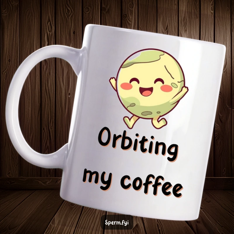 Funny mug featuring a cute planet character mid-joyful hop, radiating happiness and cosmic charm.