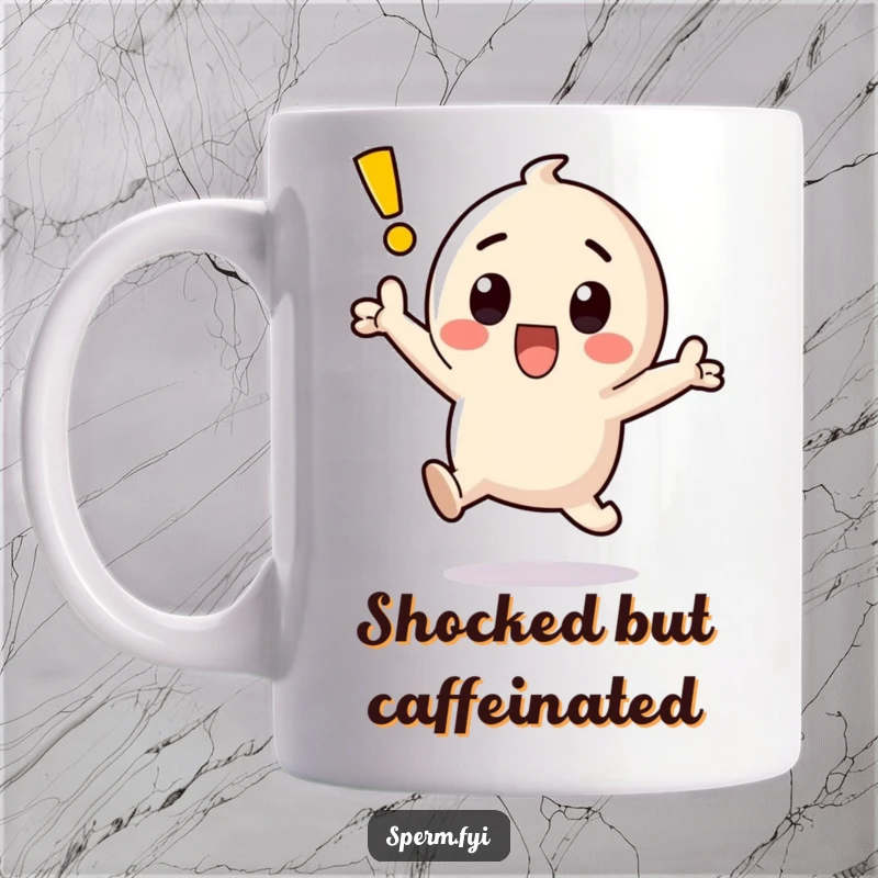 Funny kawaii exclamation point character jumping high in the air with wide eyes and an open mouth on a mug.