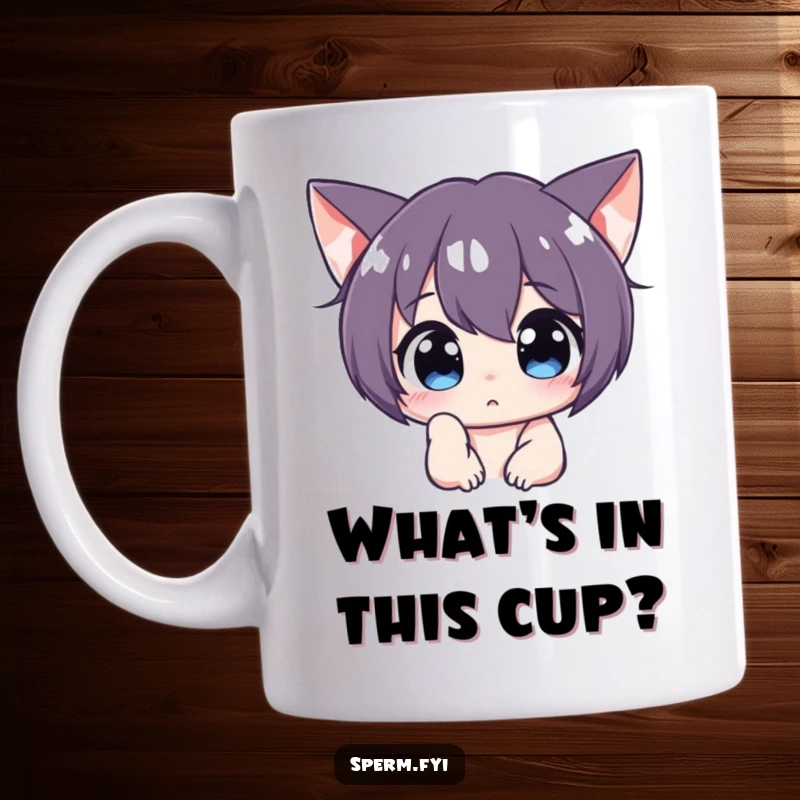 Funny curious character peering intently off-screen on a mug, embodying intrigue and playful investigation.