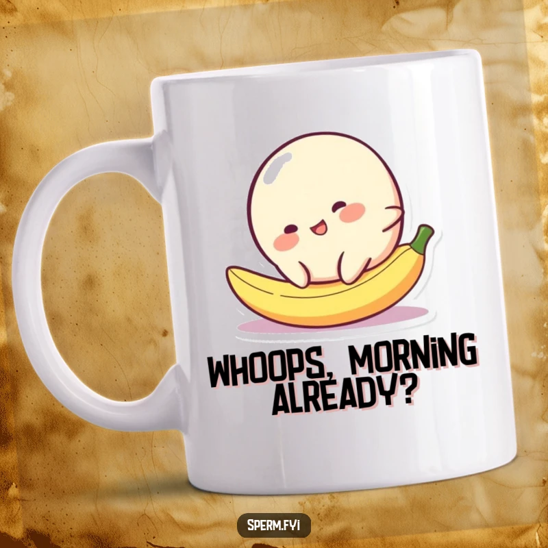 Funny blob character comically slipping on a tiny banana peel, showcasing pure slapstick humor on a mug.