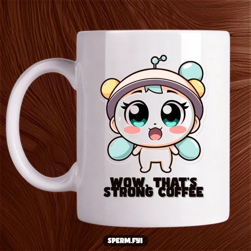Funny mug featuring a surprised molecule character with wide eyes, representing unexpected moments.