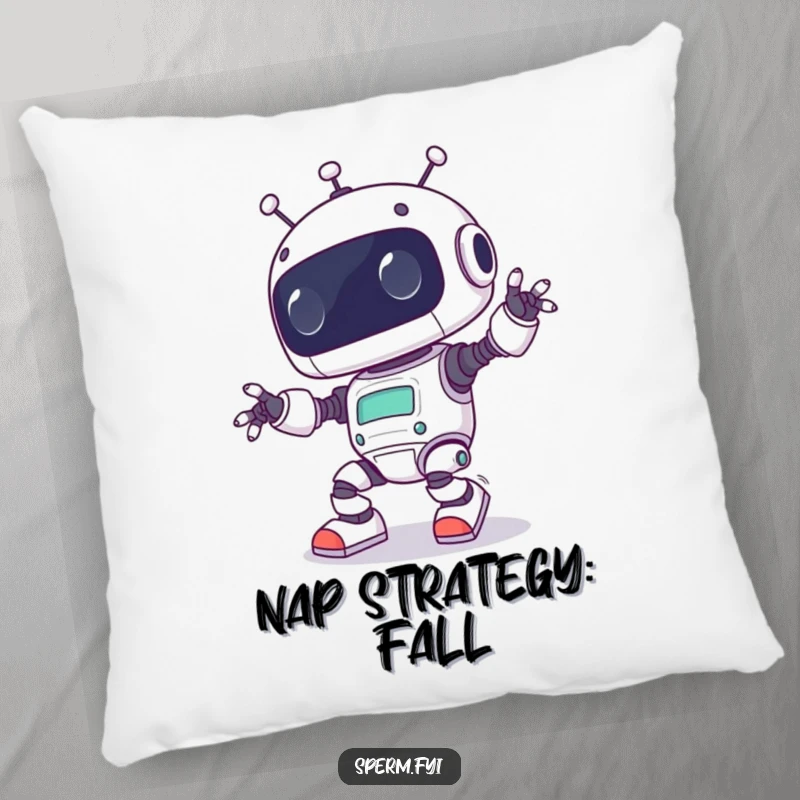 Funny Kawaii robot comically tripping over its own feet, featured on a plush pillow for adorable, humorous relaxation.
