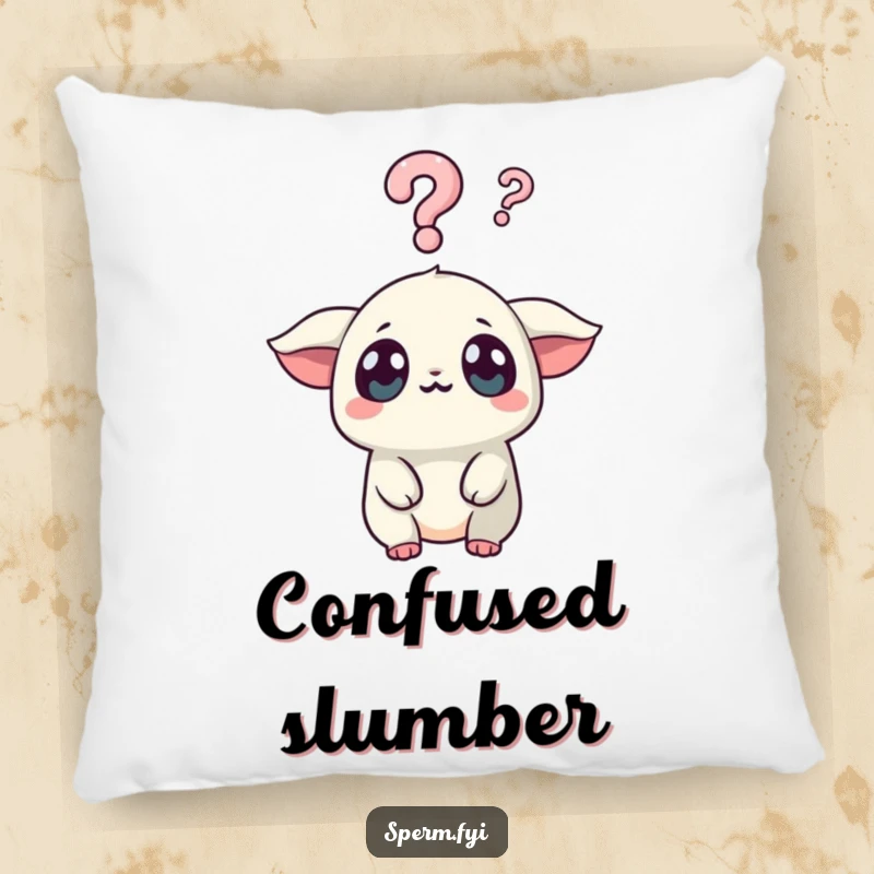 Funny Kawaii Creature Pillow: A Kawaii creature with wide, surprised eyes stares at a question mark, embodying funny, inquisitive thought.