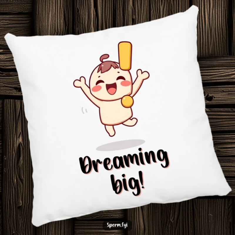 Funny Kawaii Character Pillow: A Kawaii character jumps with joy, holding a giant exclamation mark, embodying funny, ecstatic celebration.
