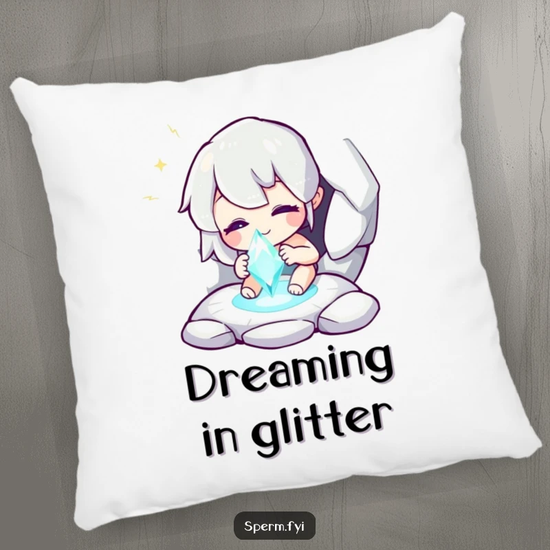 Funny pillow with a whimsical character finding a sparkling gem, offering comfort and humorous enchantment.