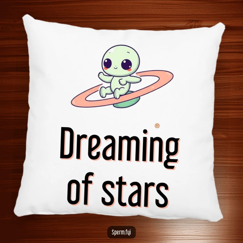 Funny Kawaii alien zipping joyfully around a spinning planet, depicted on a plush pillow for adorable, humorous home comfort.