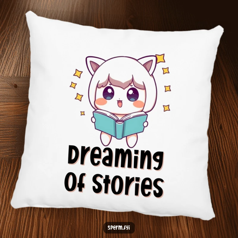 Funny surprised character with stars around its head, looking at a floating book, soft and magical pillow.