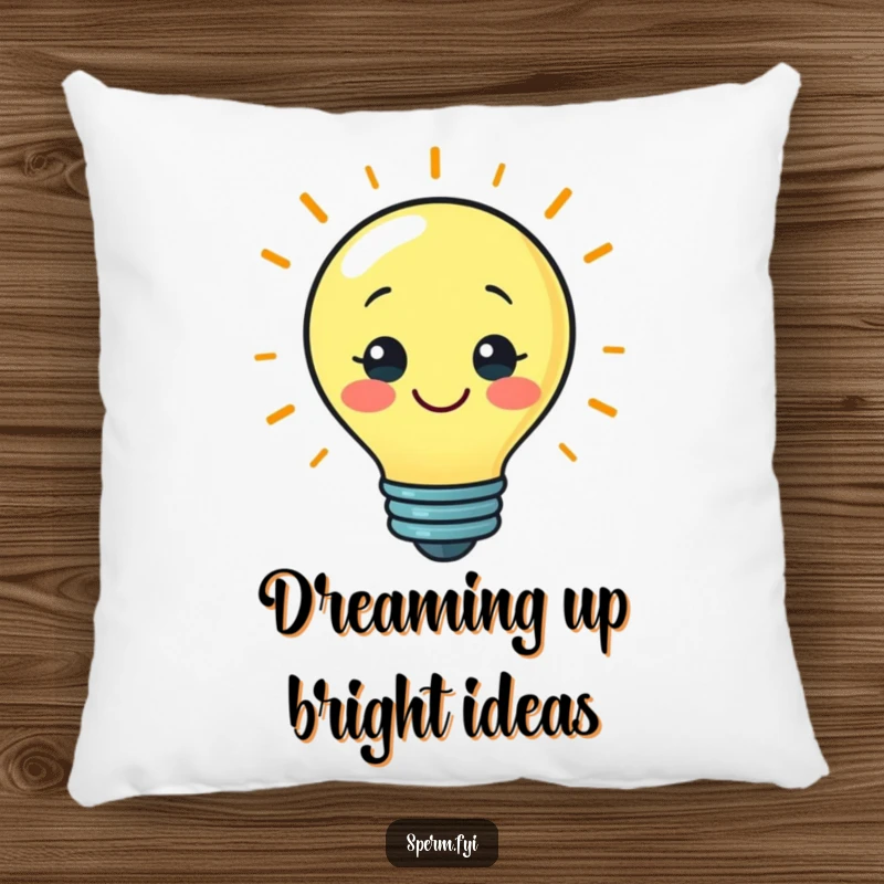 Funny pillow featuring a happy lightbulb character with a bright idea, offering comfort and style.
