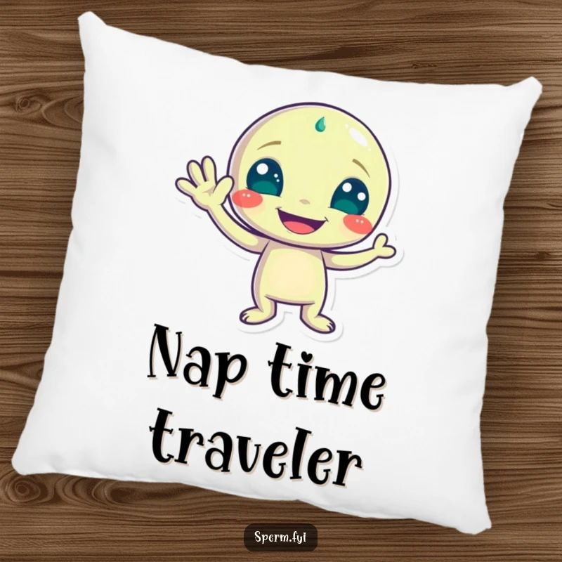 Funny pillow featuring a playful alien character waving with a wide grin, bringing comfort and extraterrestrial cheer.