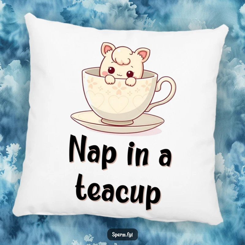 Funny curious character peeking out from inside a giant teacup, soft and humorous pillow design.