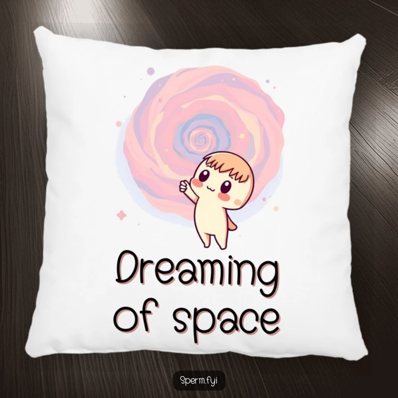 Funny galaxy pillow with a curious character pointing at a swirling galaxy, offering comfort and humorous cosmic vibes.
