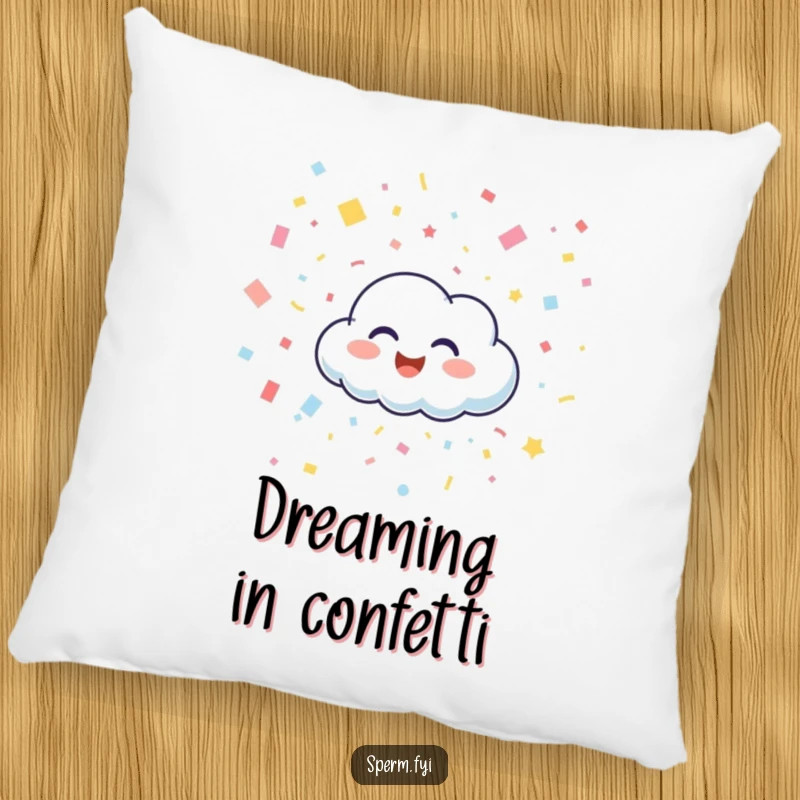 Funny decorative pillow with a happy cloud character giggling and raining confetti, offering soft comfort and a cheerful theme.