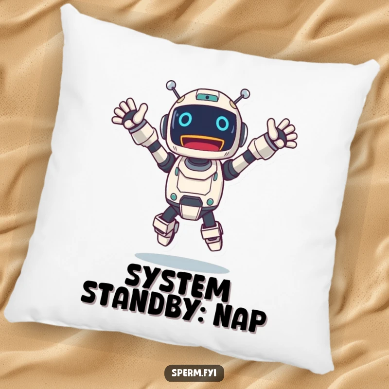 Funny robot pillow depicting an excited character jumping, arms outstretched, radiating pure joy and energy.