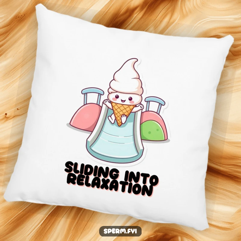 Funny Kawaii ice cream cone pillow featuring a cute character happily sliding down a colorful slide, offering soft comfort.