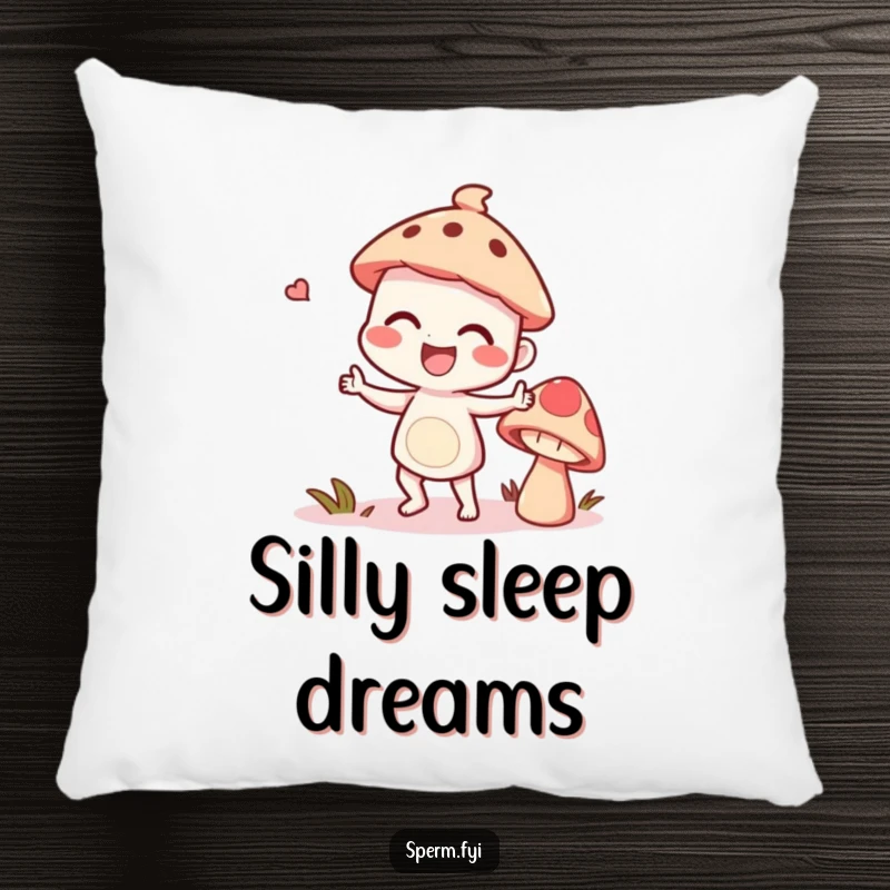 Funny giggling character doing a silly dance with a talking mushroom, soft and funny pillow design.