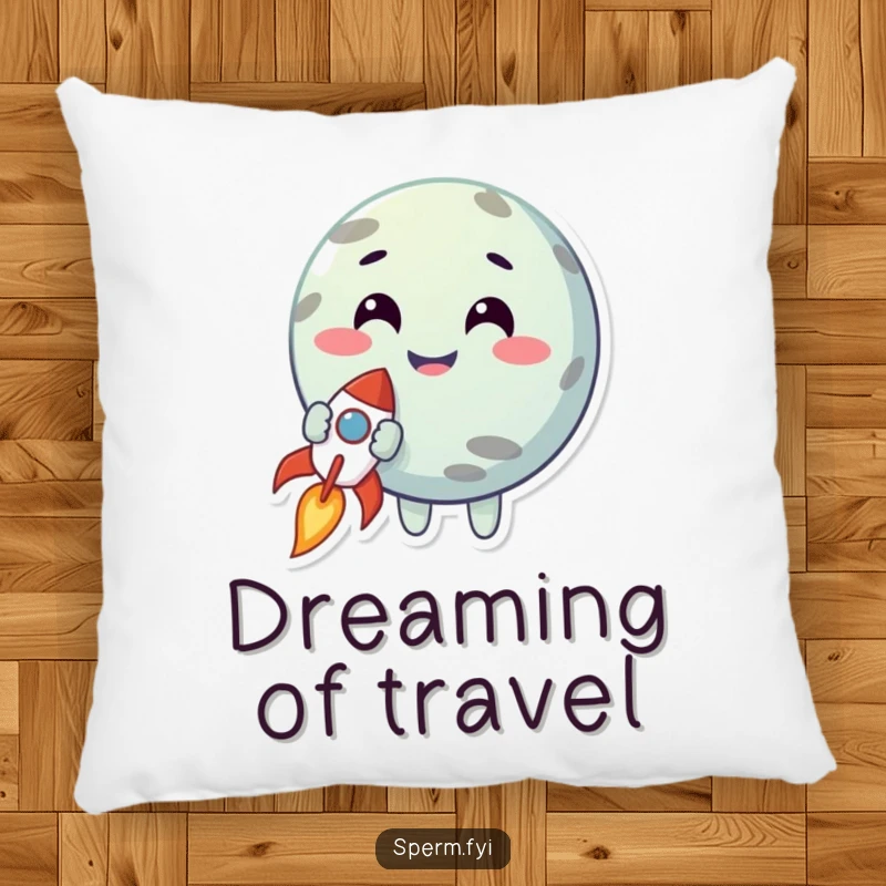 Funny pillow with a smiling planet character holding a tiny rocket, designed for comfort and inspiring dreams of space.