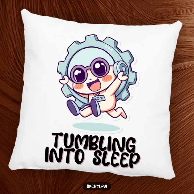 Funny decorative pillow with a quirky gear character in a playful tumble, offering soft comfort and a humorous mechanical theme.