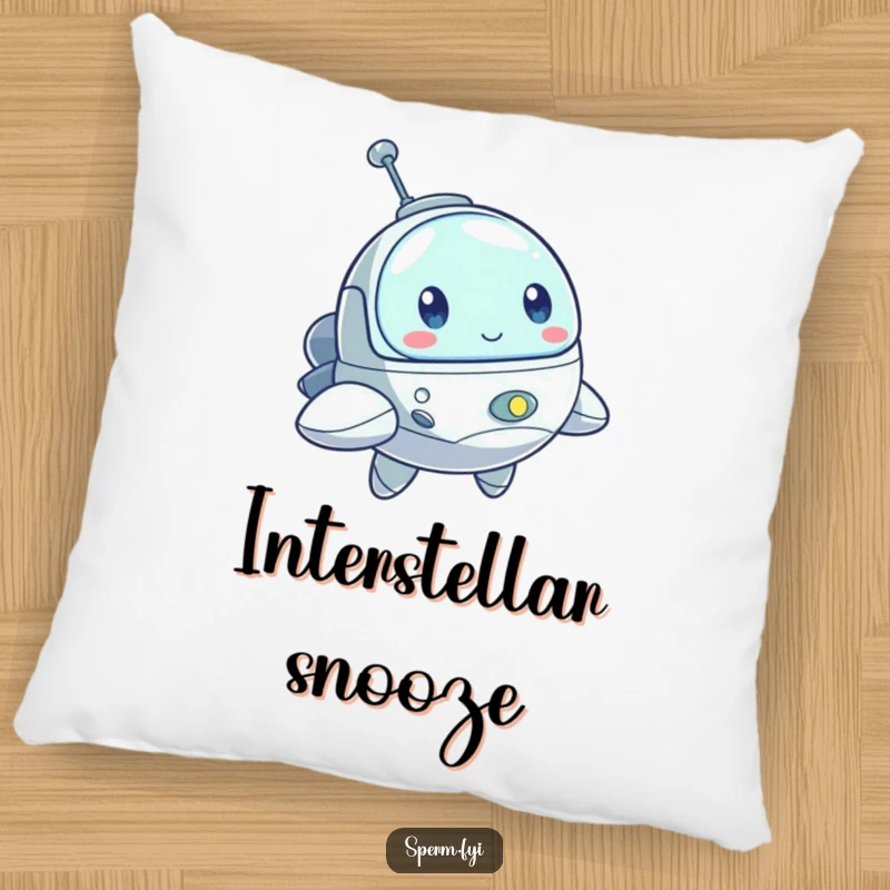 Funny pillow featuring a bouncing little spaceship character with a determined look, perfect for adding adventurous comfort.