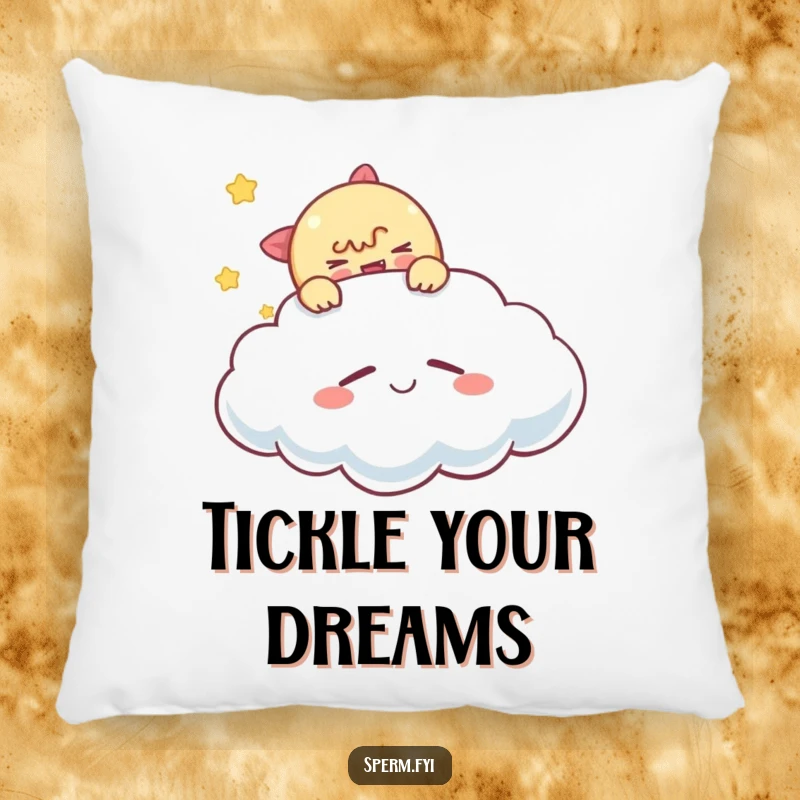 Funny tickling cloud pillow, a character gently tickling a sleeping cloud, soft and humorous home decoration.