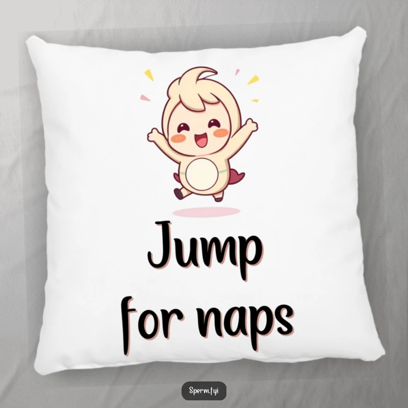 Funny Pillow: A soft pillow showing a character doing a cute, happy, celebratory hop, perfect for relaxation.