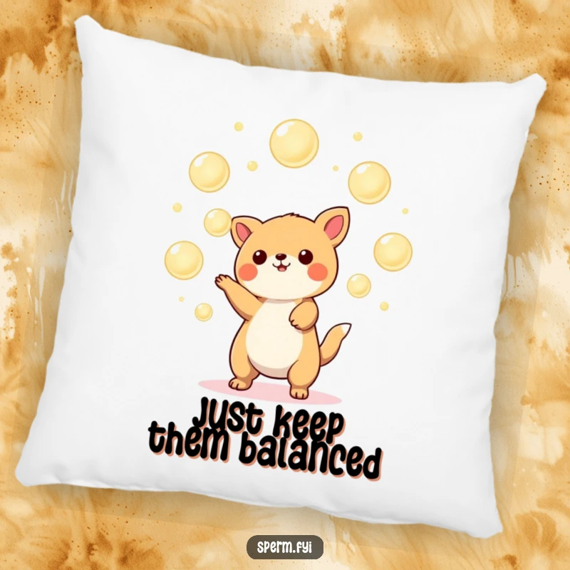 Funny Kawaii animal pillow featuring a cute juggler playfully tossing glowing orbs, offering soft comfort and whimsical charm.