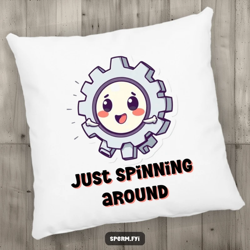 Funny pillow with a plush, playful gear character spinning energetically, offering comfort and a humorous decorative accent.