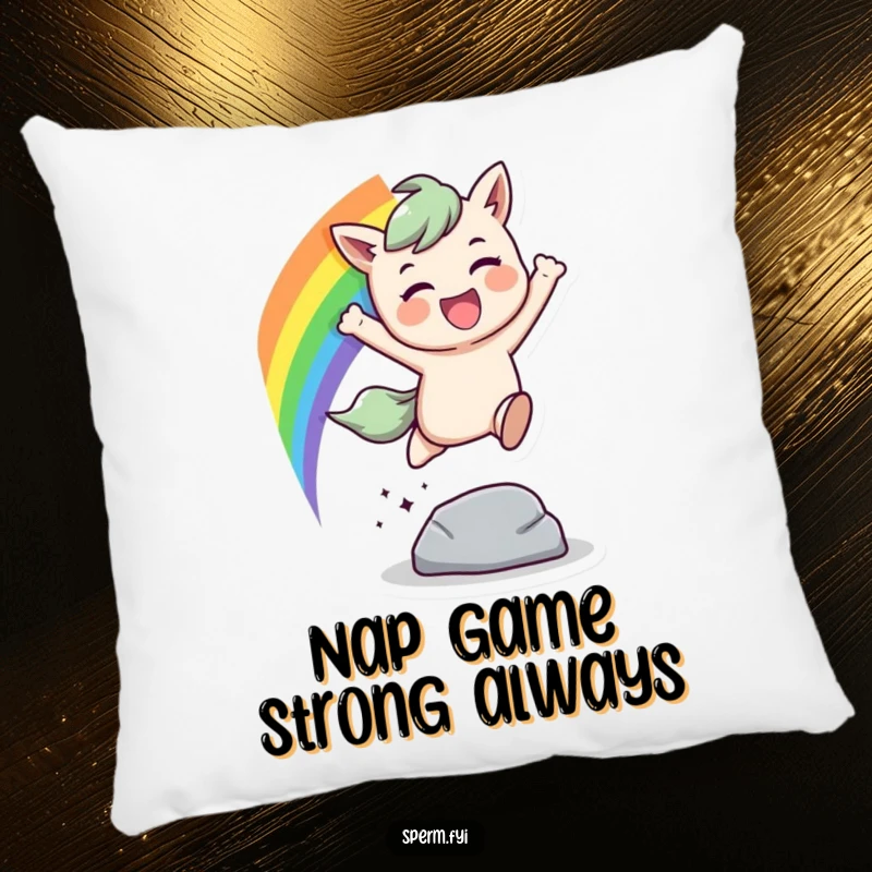 Funny rainbow leap pillow, a character jumping over an obstacle with a rainbow trail, soft and vibrant home decor.