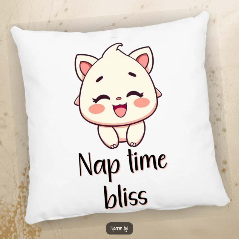 Funny Pillow: A soft pillow showcasing a character's rosy cheeks and a wide, delighted smile, perfect for relaxing.