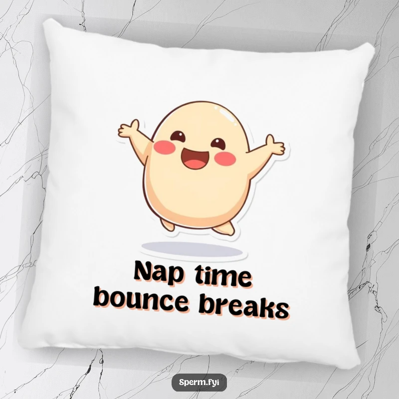 Funny smiling blob character doing a joyful bounce on a soft pillow, bringing comfort and happiness.