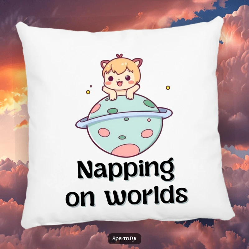 Funny pillow with a playful character bopping a comical planet, offering comfort and humorous cosmic vibes.