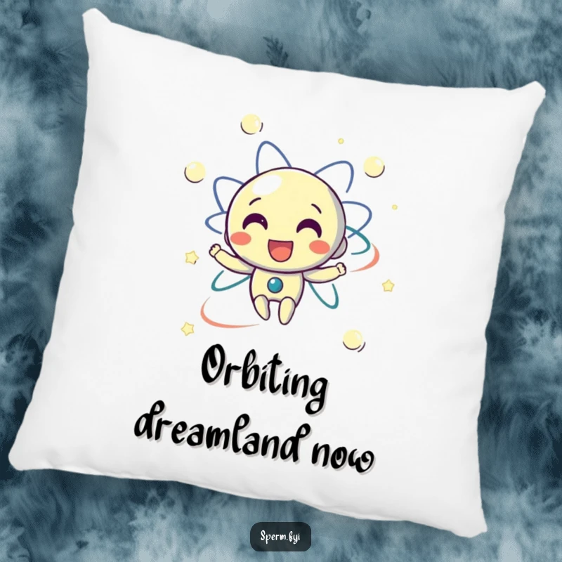 Funny pillow with a delighted electron character in a happy orbit, offering cozy comfort and a humorous science accent.