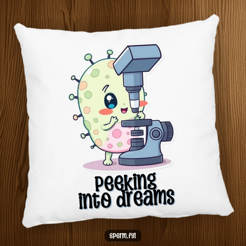 Funny pillow featuring a curious bacteria character with a microscope, offering comfort and educational humor.
