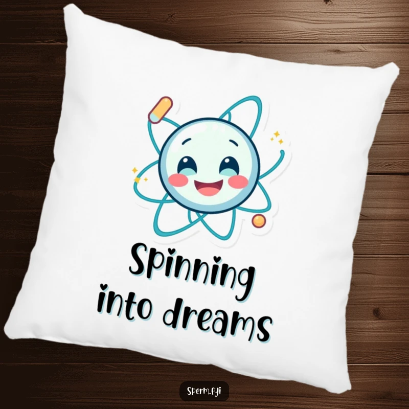 Funny decorative pillow with a smiling atom character spinning energetically, offering soft comfort and a humorous scientific theme.