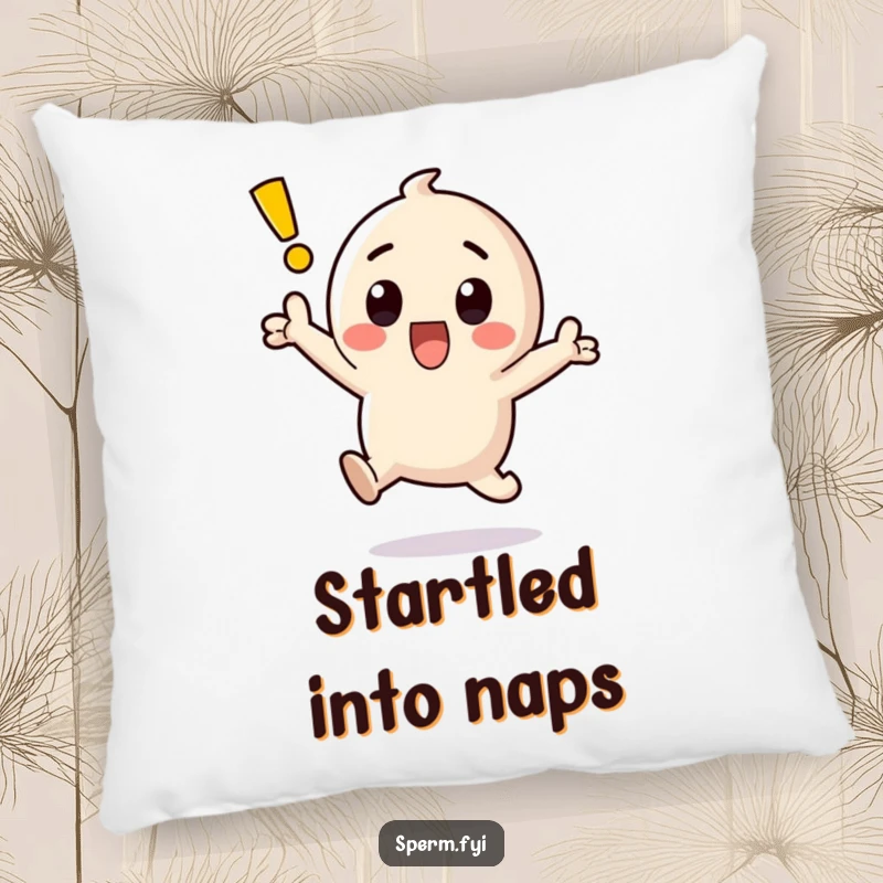 Funny kawaii exclamation point character jumping with surprise on a soft pillow.