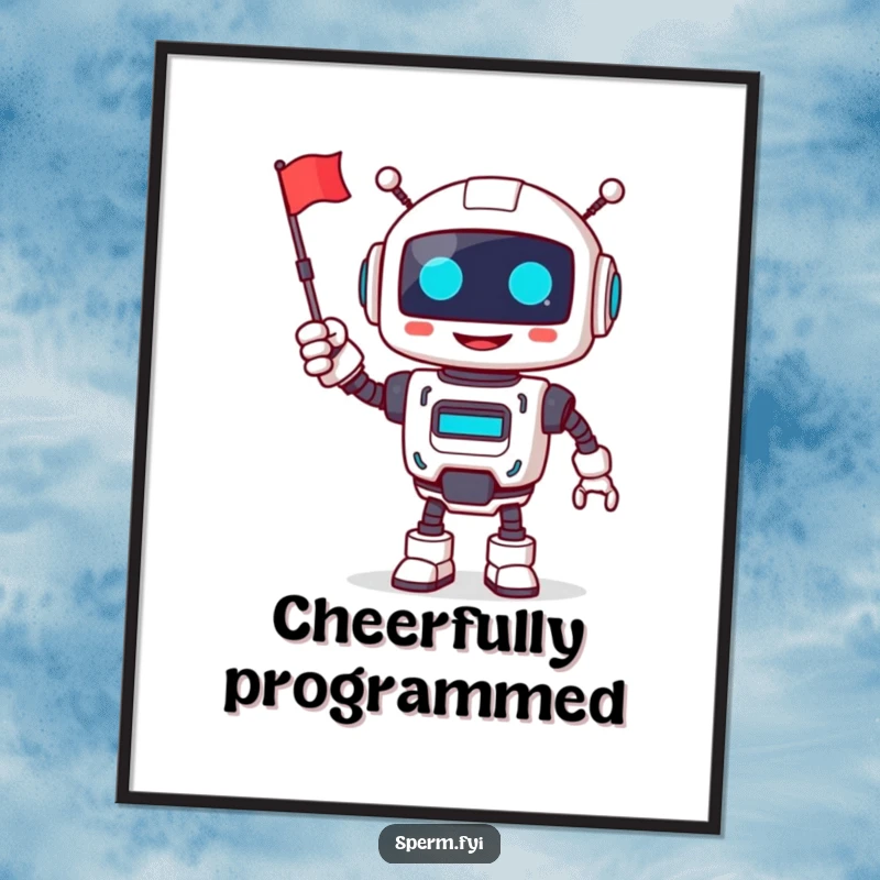 Funny robot digital art print, smiling, cheerfully waving a tiny flag, instant tech wall art.