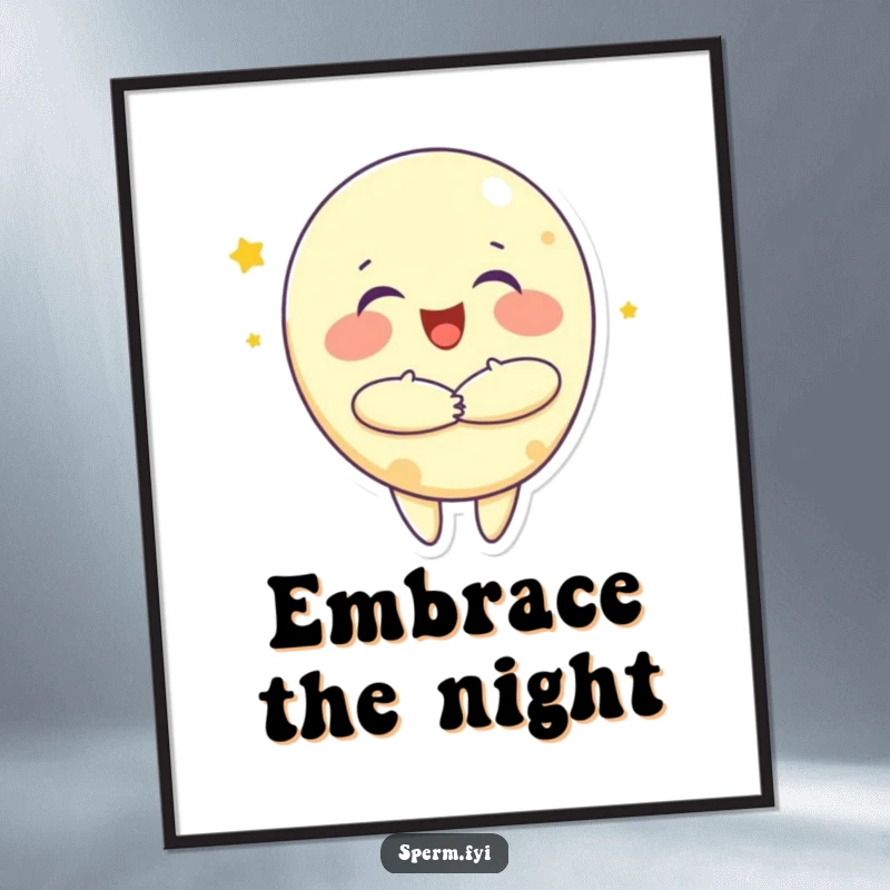 Funny digital art print of a happy moon character giving a large, comforting hug, perfect for instant cheer and warmth.