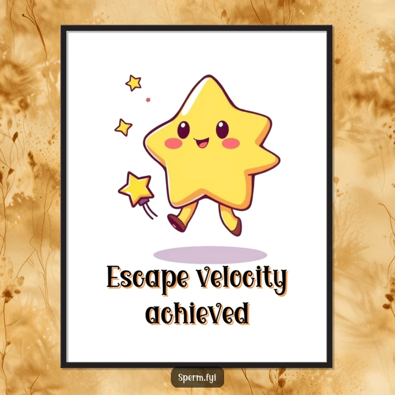 Funny digital art print showing a star character playing tag with a comet, offering instant humor and a vibrant celestial scene.