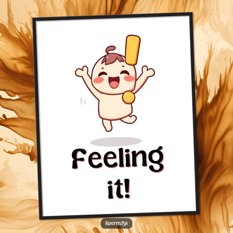 Funny Kawaii Character Digital Art: A Kawaii character jumps ecstatically, holding a giant exclamation mark, depicting funny, pure joy.